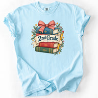 Second Grade Bookstack Banner Tee in Chambray