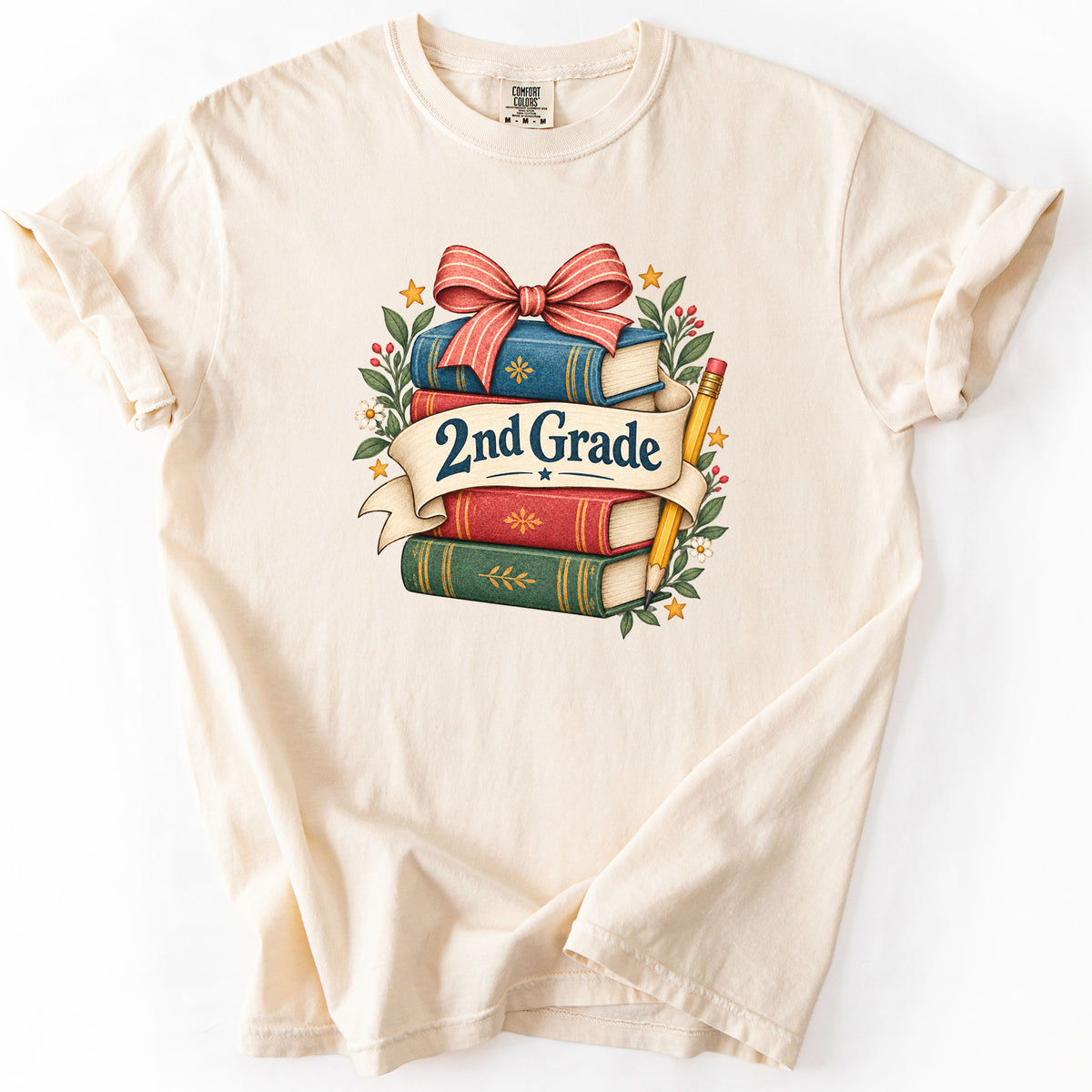 Second Grade Bookstack Banner Tee in Ivory