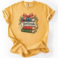 Second Grade Bookstack Banner Tee in Mustard