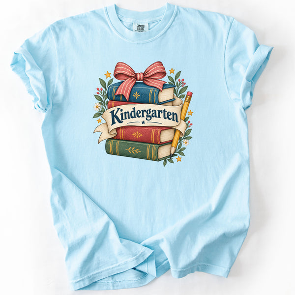 Kindergarten Bookstack Banner Tee in Chambray