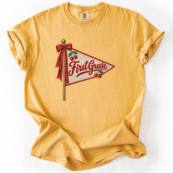 First Grade Cherry Pennant Tee in Mustard
