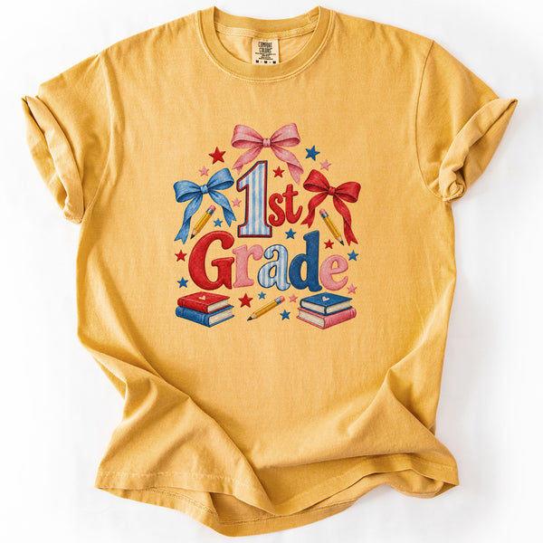 First Grade Coquette Bow Tee in Mustard