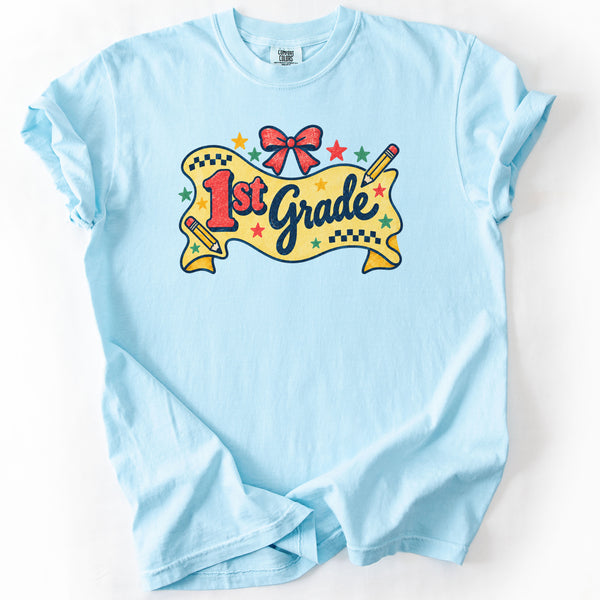 First Grade Retro Banner Tee in Chambray