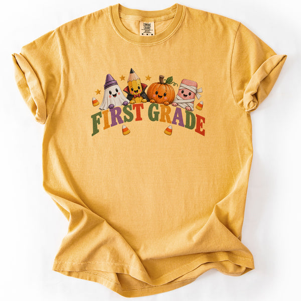 First Grade Halloween Supplies Crew Tee in Mustard
