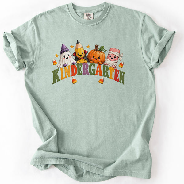 Kindergarten Halloween Supplies Crew Tee in Bay