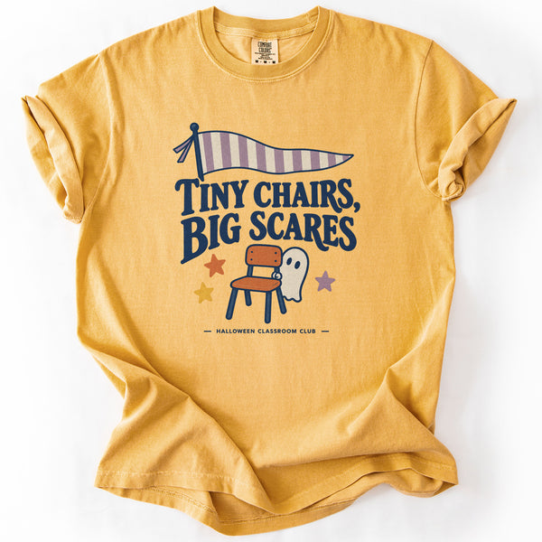 Tiny Chairs Big Scares Halloween Teacher Tee in Mustard