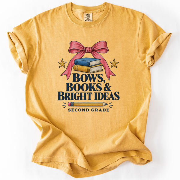 Bows Books and Bright Ideas Second Grade Tee in Mustard