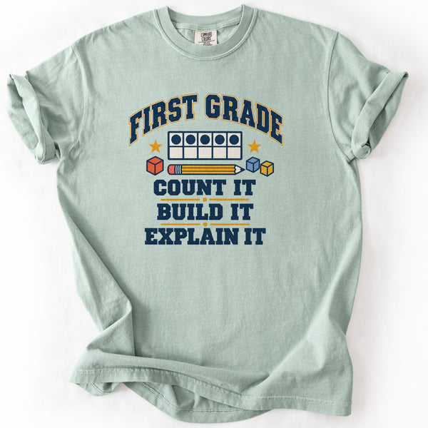 First Grade Count It Build It Explain It Tee in Bay