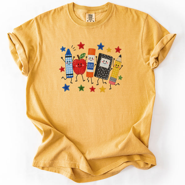 Happy School Supplies Crew Tee in Mustard