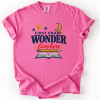 First Grade Wonder Lives Here Tee in Crunchberry