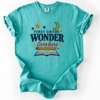 First Grade Wonder Lives Here Tee in Seafoam
