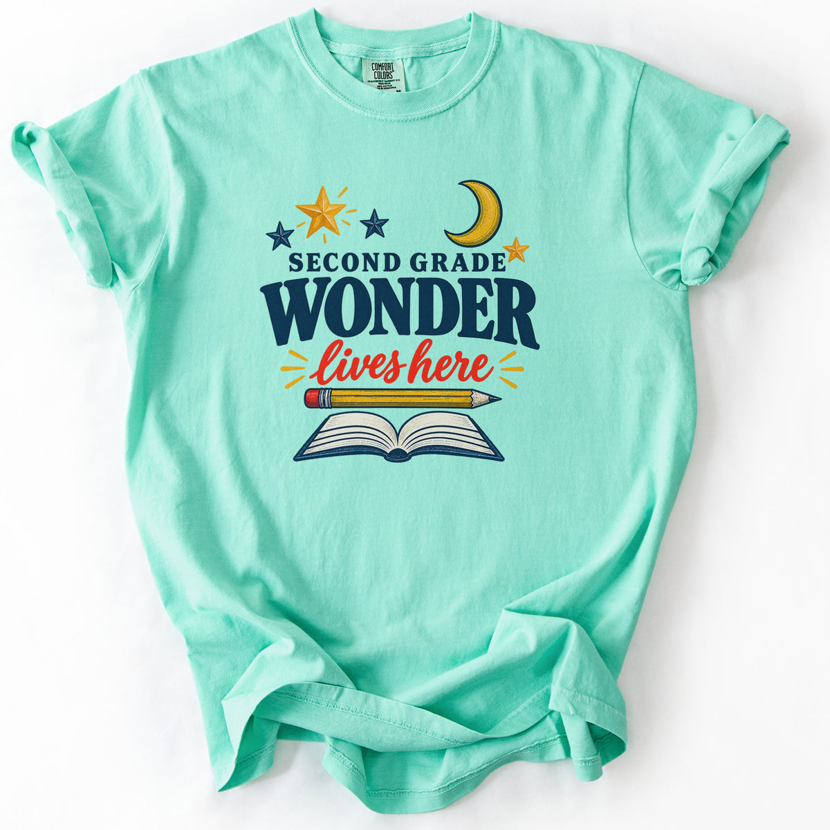 Second Grade Wonder Lives Here Tee in Island Reef