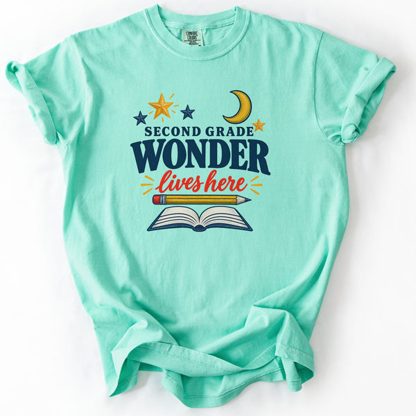 Second Grade Wonder Lives Here Tee in Island Reef